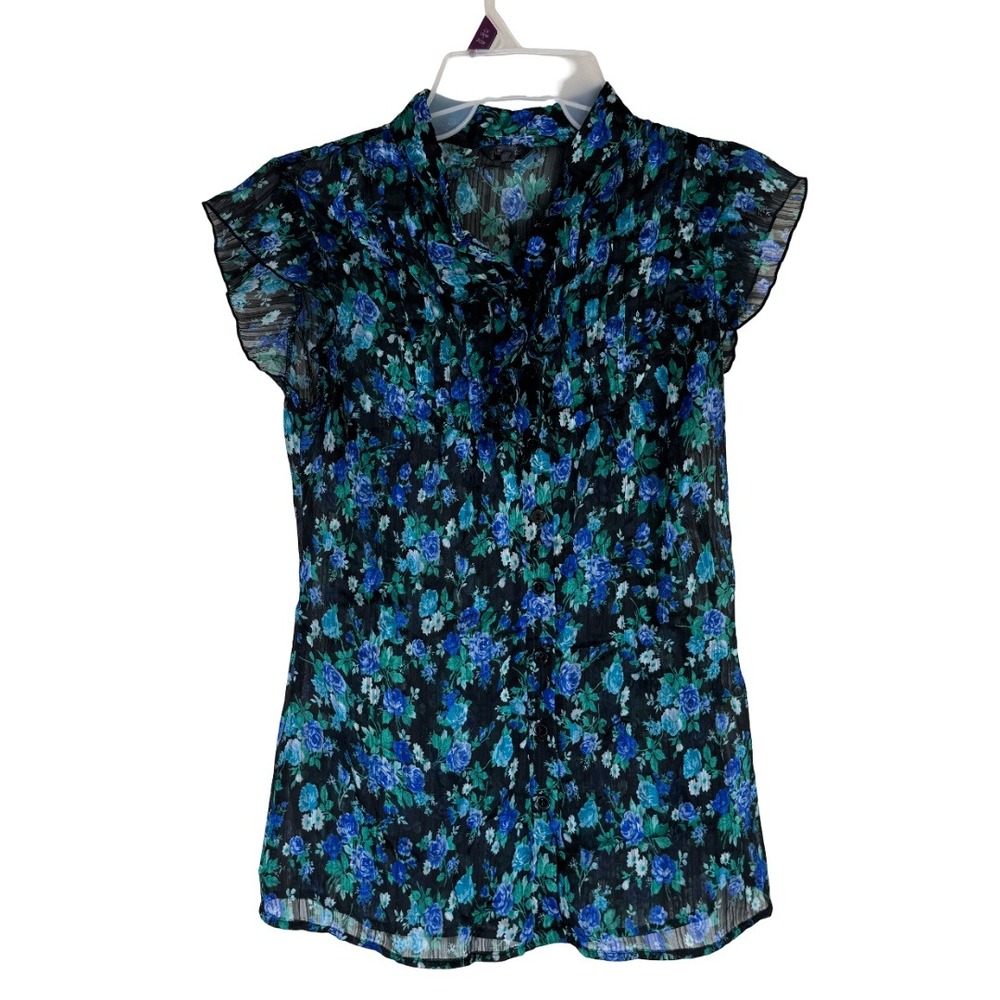 Maurices Floral Button Up Blouse Womens Medium Black Blue Ruffle Cap Sleeve Top
